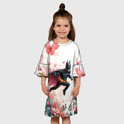 Платье клеш для девочки Бэтмен прыгает над цветами и бабочками, цвет: 3D-принт — фото 2