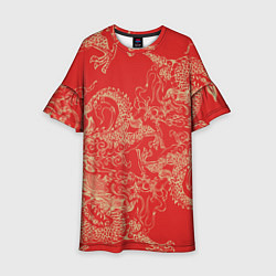 Платье клеш для девочки Золотые драконы на красном, цвет: 3D-принт