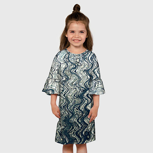 Детское платье Бело-синий искажённые абстрактные линии / 3D-принт – фото 3