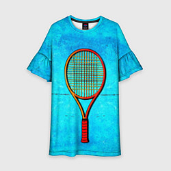 Платье клеш для девочки Теннисная ракетка на синем, цвет: 3D-принт