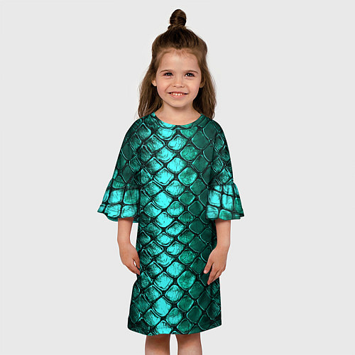 Детское платье Блестящая змеиная чешуя - зеленые чешуйки паттерн / 3D-принт – фото 3