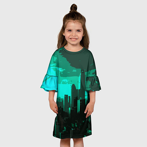 Детское платье Стилизованный город бирюзовый / 3D-принт – фото 3