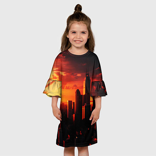Детское платье Стилизованный город оранжевый закат / 3D-принт – фото 3