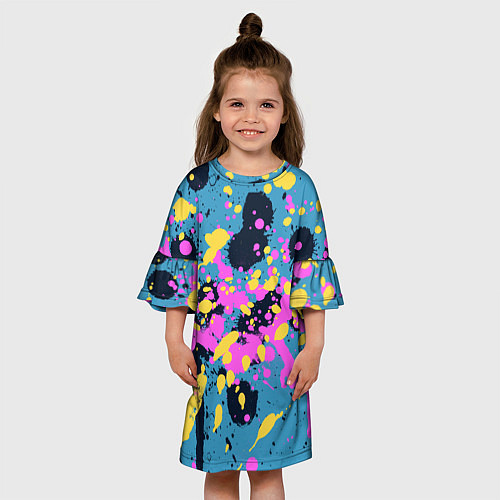Детское платье Брызги краски розовой желтой и темно синей / 3D-принт – фото 3