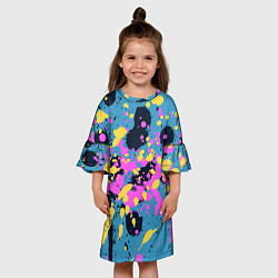 Платье клеш для девочки Брызги краски розовой желтой и темно синей, цвет: 3D-принт — фото 2