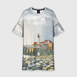Платье клеш для девочки Маяк и камни на пляже - акварельный рисунок, цвет: 3D-принт