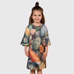 Платье клеш для девочки Акварельный Кои карп и камушки галька, цвет: 3D-принт — фото 2