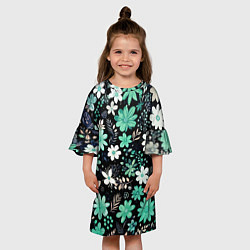 Платье клеш для девочки Чёрный в зелёный цветочек стилизованный, цвет: 3D-принт — фото 2