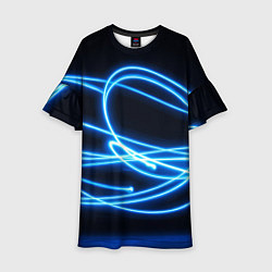 Детское платье Неоновые голубые волны на черном фоне