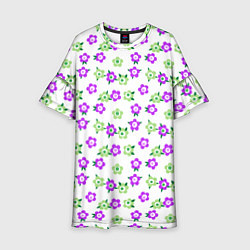 Платье клеш для девочки Зеленые фиолетовые цветы на белом фоне, цвет: 3D-принт