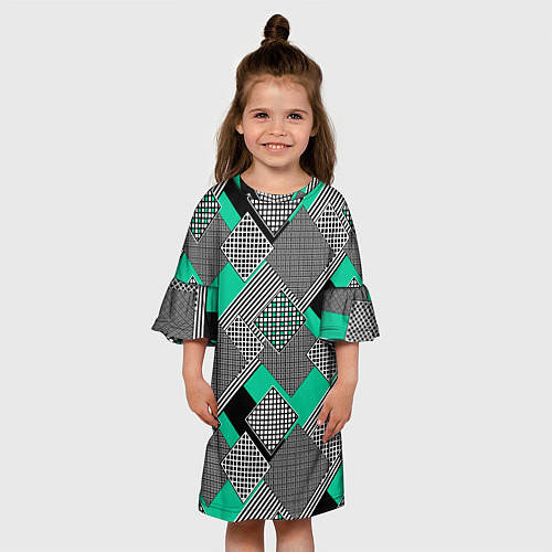 Детское платье Черно бирюзовая абстрактная геометрия пэчворк / 3D-принт – фото 3
