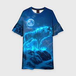 Платье клеш для девочки Волк на фоне зимнего пейзажа, цвет: 3D-принт