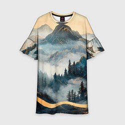 Платье клеш для девочки Японские горы и туман, цвет: 3D-принт