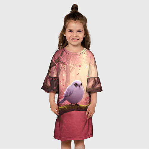 Детское платье Сиреневая птица в розовом цветущем лесу / 3D-принт – фото 3