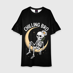 Платье клеш для девочки Скелет с ромашкой сидит на полумесяце, цвет: 3D-принт