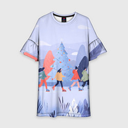 Платье клеш для девочки Каток на фоне елок, цвет: 3D-принт