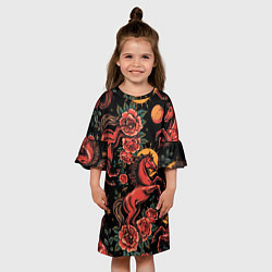 Платье клеш для девочки Красная лошадь с розами, цвет: 3D-принт — фото 2