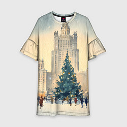 Платье клеш для девочки Москва новогодняя елка, цвет: 3D-принт