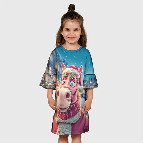 Детское платье Лошадь на фоне новогодней улицы / 3D-принт – фото 3