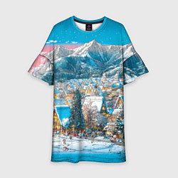 Платье клеш для девочки Новогодняя деревушка в горах, цвет: 3D-принт