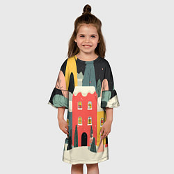 Платье клеш для девочки Разноцветные новогодние дома, цвет: 3D-принт — фото 2
