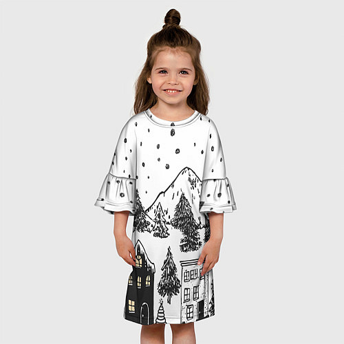 Детское платье Заснеженный черно-белый город / 3D-принт – фото 3
