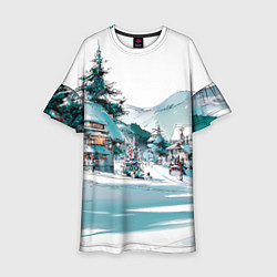 Платье клеш для девочки Дома и елки - Новый год, цвет: 3D-принт