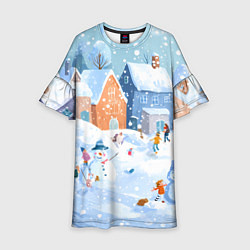 Платье клеш для девочки Предновогодний день во дворе, цвет: 3D-принт