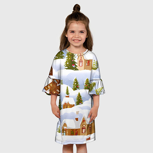 Детское платье Новогодние домики и елочки / 3D-принт – фото 3