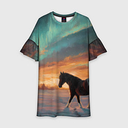 Платье клеш для девочки Лошадь на фоне северного сиянми, цвет: 3D-принт