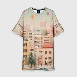 Платье клеш для девочки Объемный новогодний город, цвет: 3D-принт