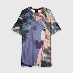 Платье клеш для девочки Белая лошадь на фоне елки, цвет: 3D-принт