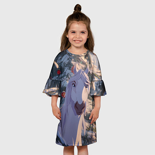 Детское платье Белая лошадь на фоне елки / 3D-принт – фото 3