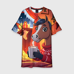 Платье клеш для девочки Лошадка зимним вечером, цвет: 3D-принт