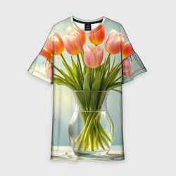 Платье клеш для девочки Нежно-розовые тюльпаны в лучах весны, цвет: 3D-принт