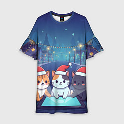 Платье клеш для девочки Новогодние котики с планшетом, цвет: 3D-принт