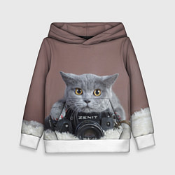 Толстовка-худи детская Котик фотограф, цвет: 3D-белый