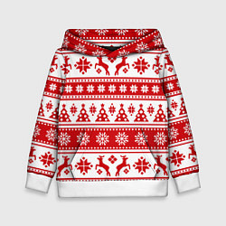 Толстовка-худи детская Новый Год Олени и снежинки, цвет: 3D-белый
