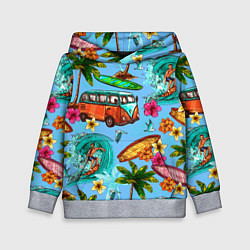 Толстовка-худи детская Пальмы, волны, серфинг, цвет: 3D-меланж