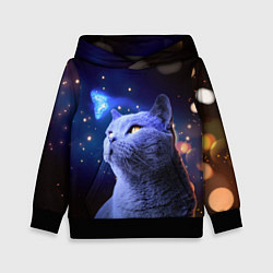 Толстовка-худи детская КОТ И ГОЛУБАЯ БАБОЧКА, цвет: 3D-черный