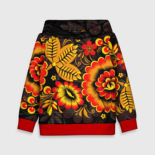 Детская толстовка Хохломская Роспись Цветы На Тёмном Фоне / 3D-Красный – фото 1