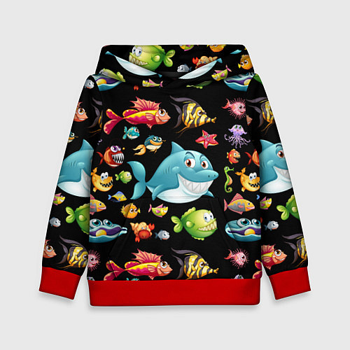 Детская толстовка Прикольная акула и другие жители океана / 3D-Красный – фото 1