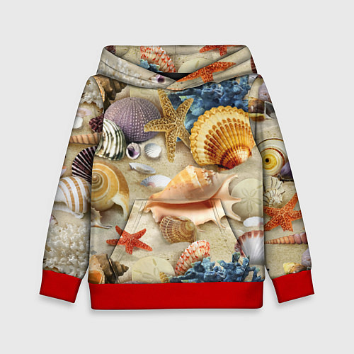Детская толстовка Морские раковины, кораллы, морские звёзды на песке / 3D-Красный – фото 1