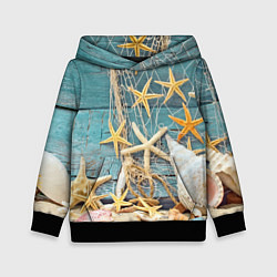Толстовка-худи детская Натюрморт из сети, морских звёзд и ракушек - лето, цвет: 3D-черный