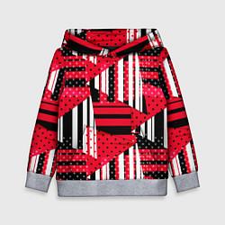 Толстовка-худи детская Красный, черный и белый горошек и полоска, пэчворк, цвет: 3D-меланж