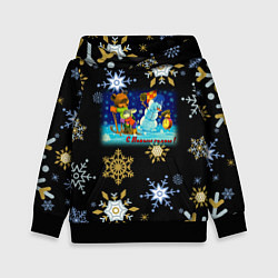 Толстовка-худи детская Новый Год Зайчик и Мишка Соревнуются, цвет: 3D-черный