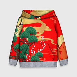 Толстовка-худи детская Японский пейзаж на красном, цвет: 3D-меланж