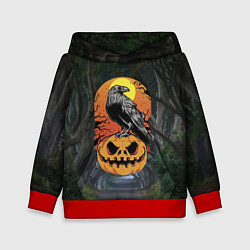 Толстовка-худи детская Ворон, сидящий на тыкве - Halloween, цвет: 3D-красный