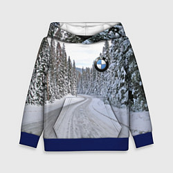 Толстовка-худи детская BMW - зимняя дорога через лес, цвет: 3D-синий