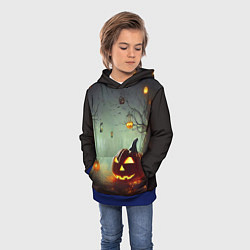 Толстовка-худи детская Тыква на Хэллоуин в ночном туманном лесу, цвет: 3D-синий — фото 2